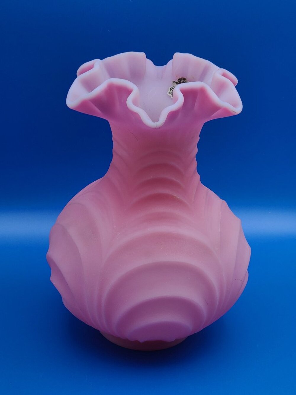 Fenton Glass Vintage 1970s Rose Pink Satin Ruffle Drapery Vase 8"
